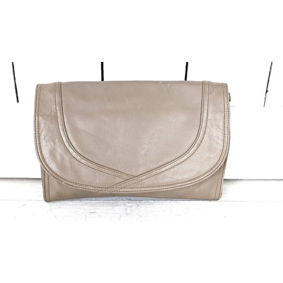 70s vintage tan brown leather clutch shoulder purse bag - Picture 2 of 7